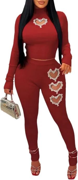 XZLUFNY Women's 2 Piece Outfits Love Heart Hot Diamond Hollow Ribbed Top Skinny Pencil Pant Set Tracksuits