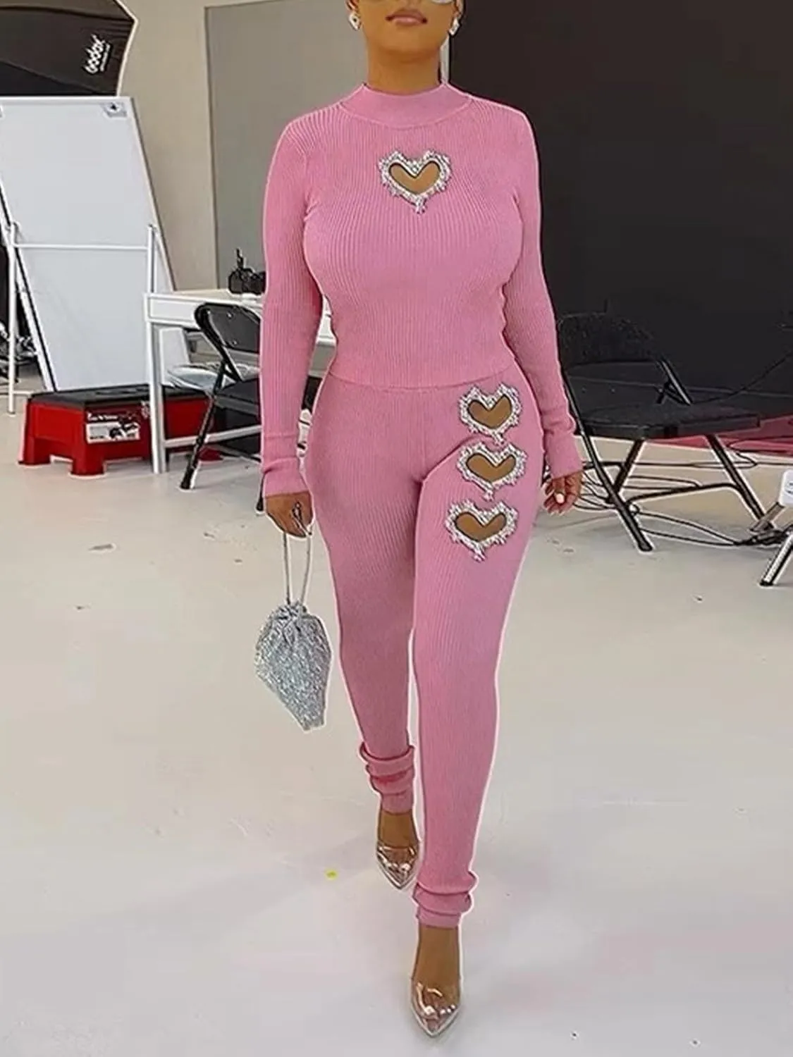 XZLUFNY Women's 2 Piece Outfits Love Heart Hot Diamond Hollow Ribbed Top Skinny Pencil Pant Set Tracksuits