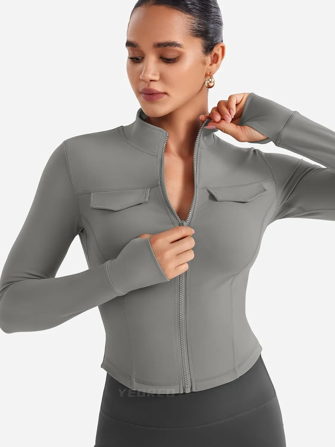 YEOREO CoreFlex Womens Workout Jackets Cropped Zip Up Athletic Jackets Arsene Slim Fit Yoga Running Tops with Thumb Holes