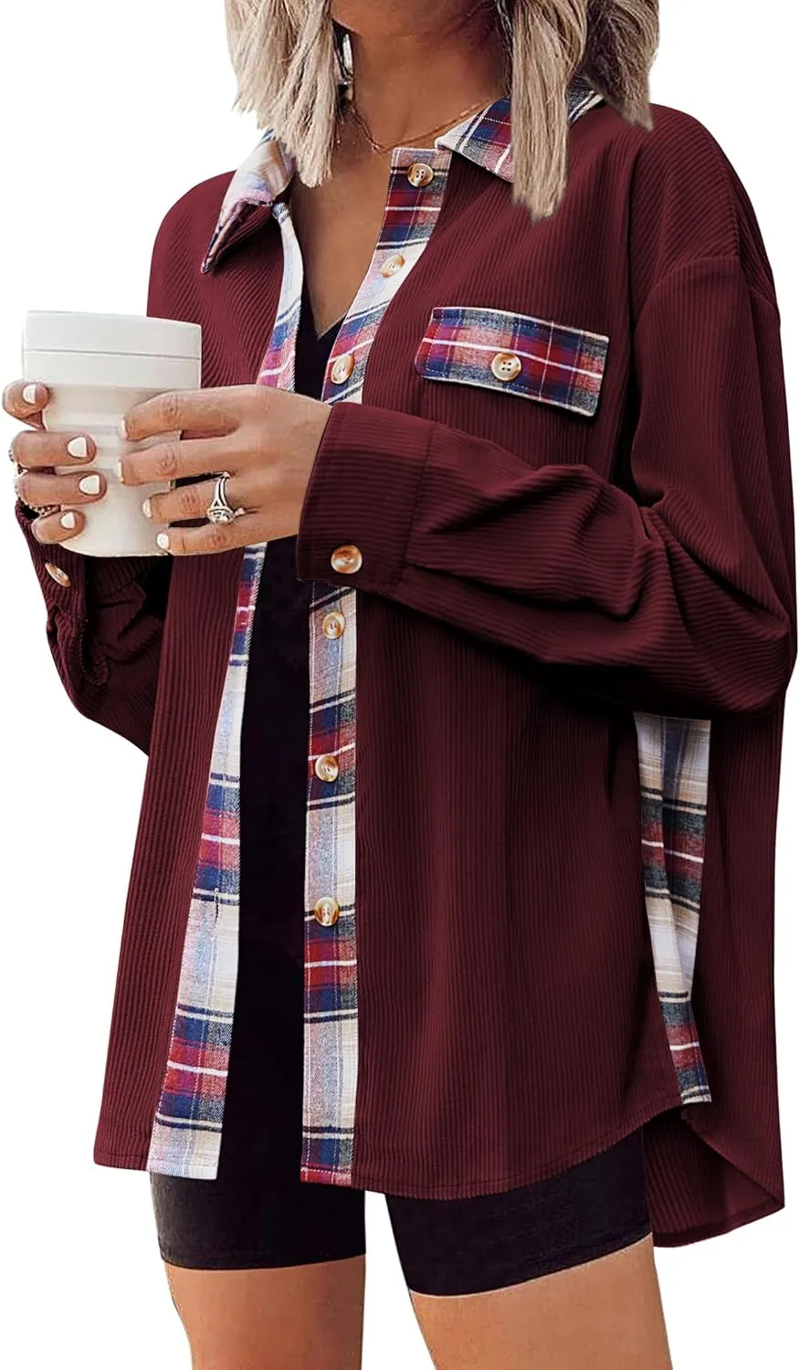 Zeagoo Womens Corduroy Flannel Shacket Jacket Casual Plaid Button Down Shirts Long Sleeve Fall Tops with Pockets