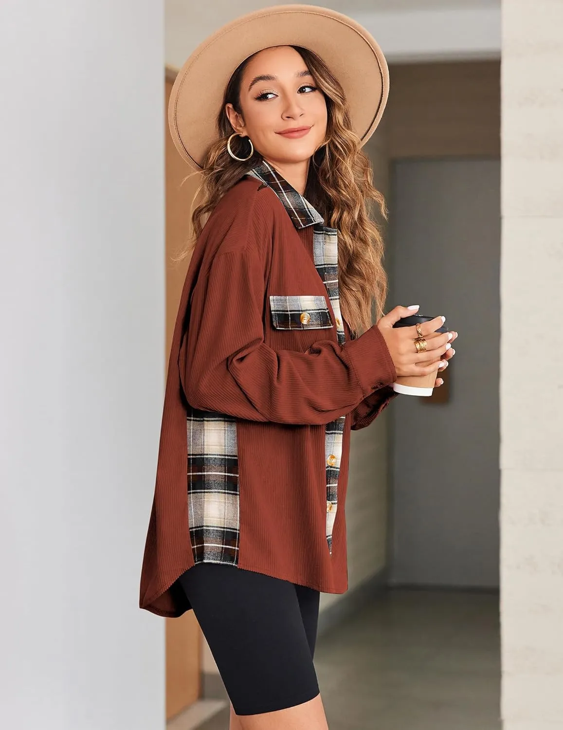 Zeagoo Womens Corduroy Flannel Shacket Jacket Casual Plaid Button Down Shirts Long Sleeve Fall Tops with Pockets