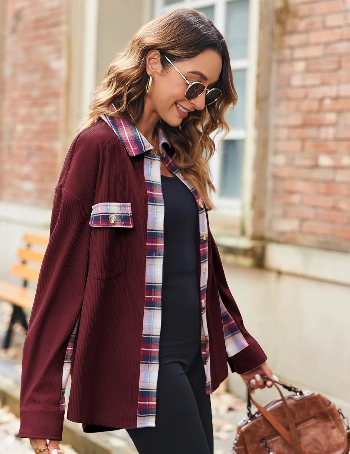 Zeagoo Womens Corduroy Flannel Shacket Jacket Casual Plaid Button Down Shirts Long Sleeve Fall Tops with Pockets