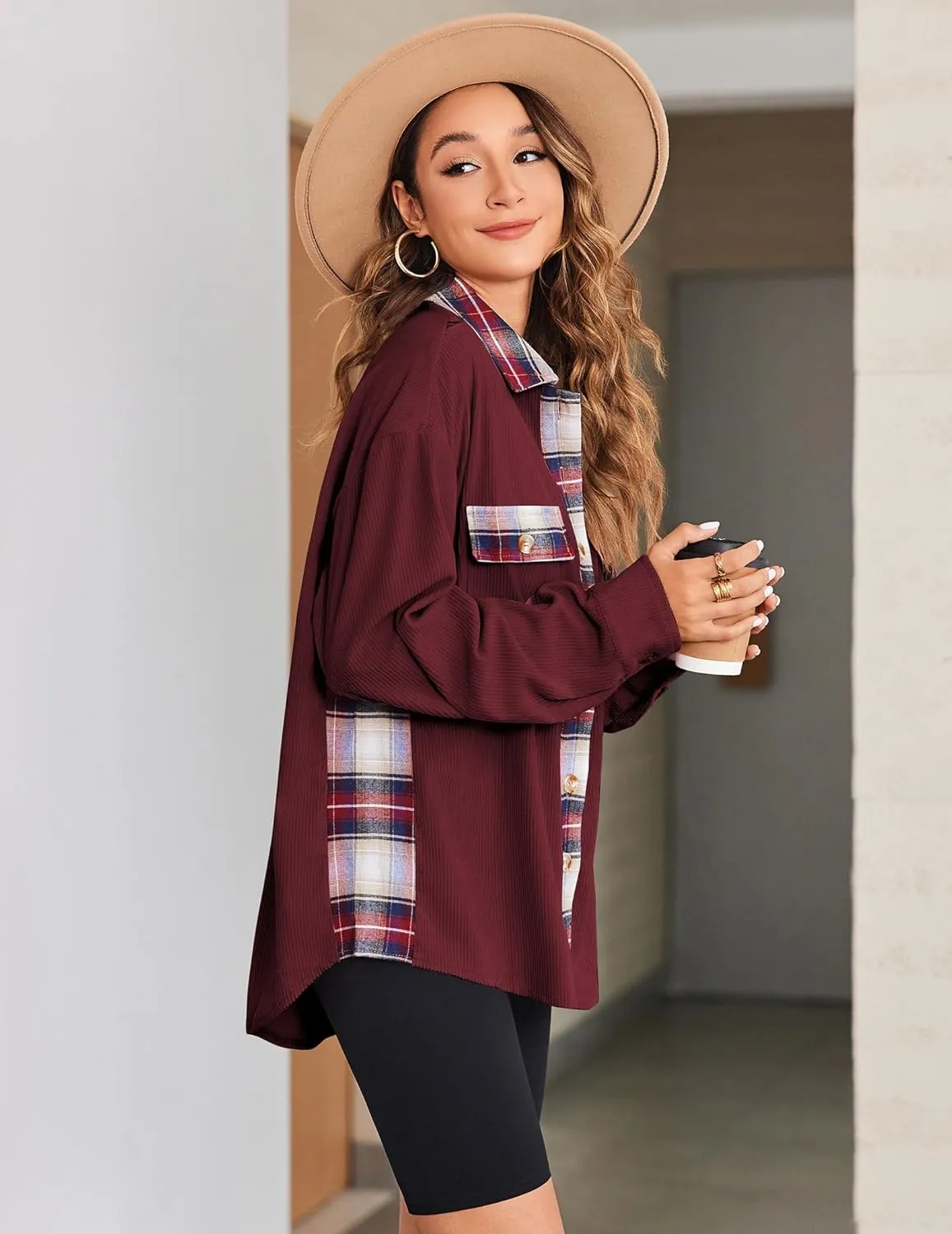 Zeagoo Womens Corduroy Flannel Shacket Jacket Casual Plaid Button Down Shirts Long Sleeve Fall Tops with Pockets