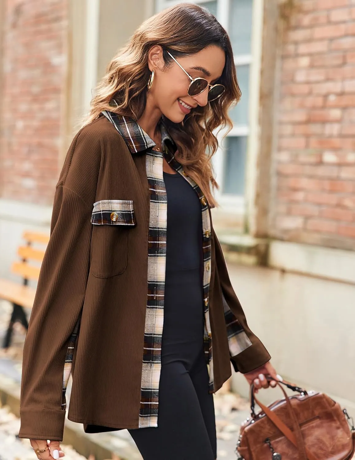 Zeagoo Womens Corduroy Flannel Shacket Jacket Casual Plaid Button Down Shirts Long Sleeve Fall Tops with Pockets