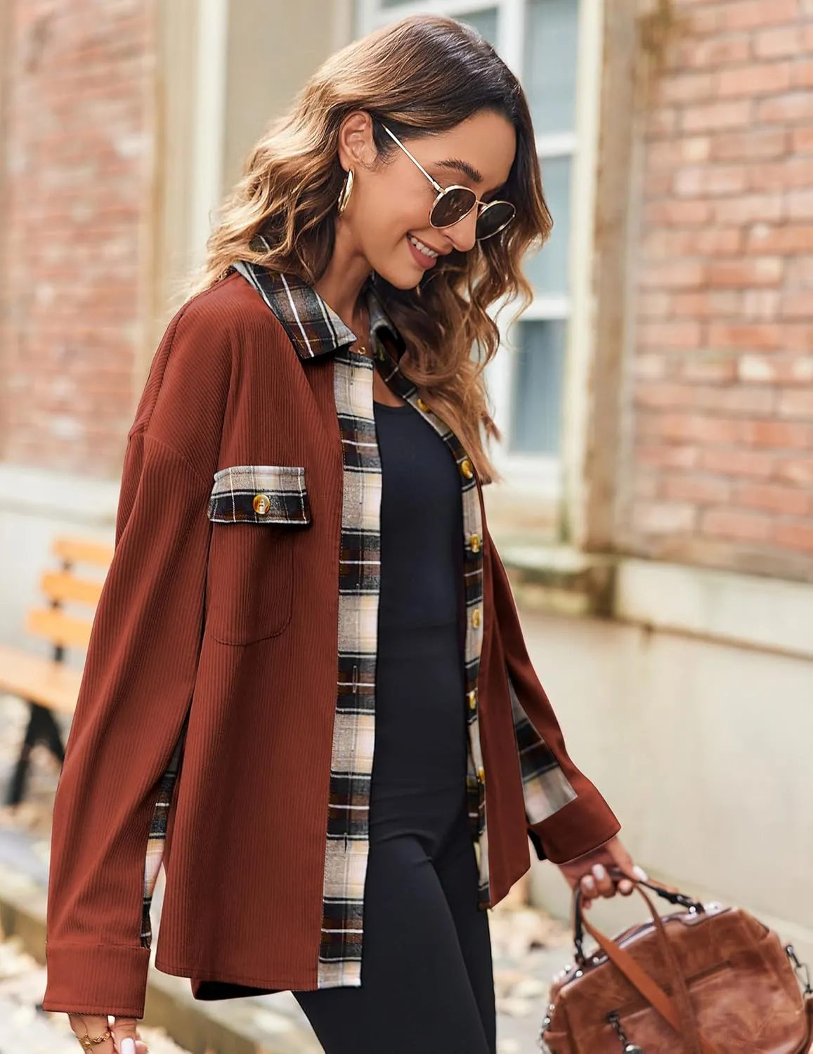 Zeagoo Womens Corduroy Flannel Shacket Jacket Casual Plaid Button Down Shirts Long Sleeve Fall Tops with Pockets