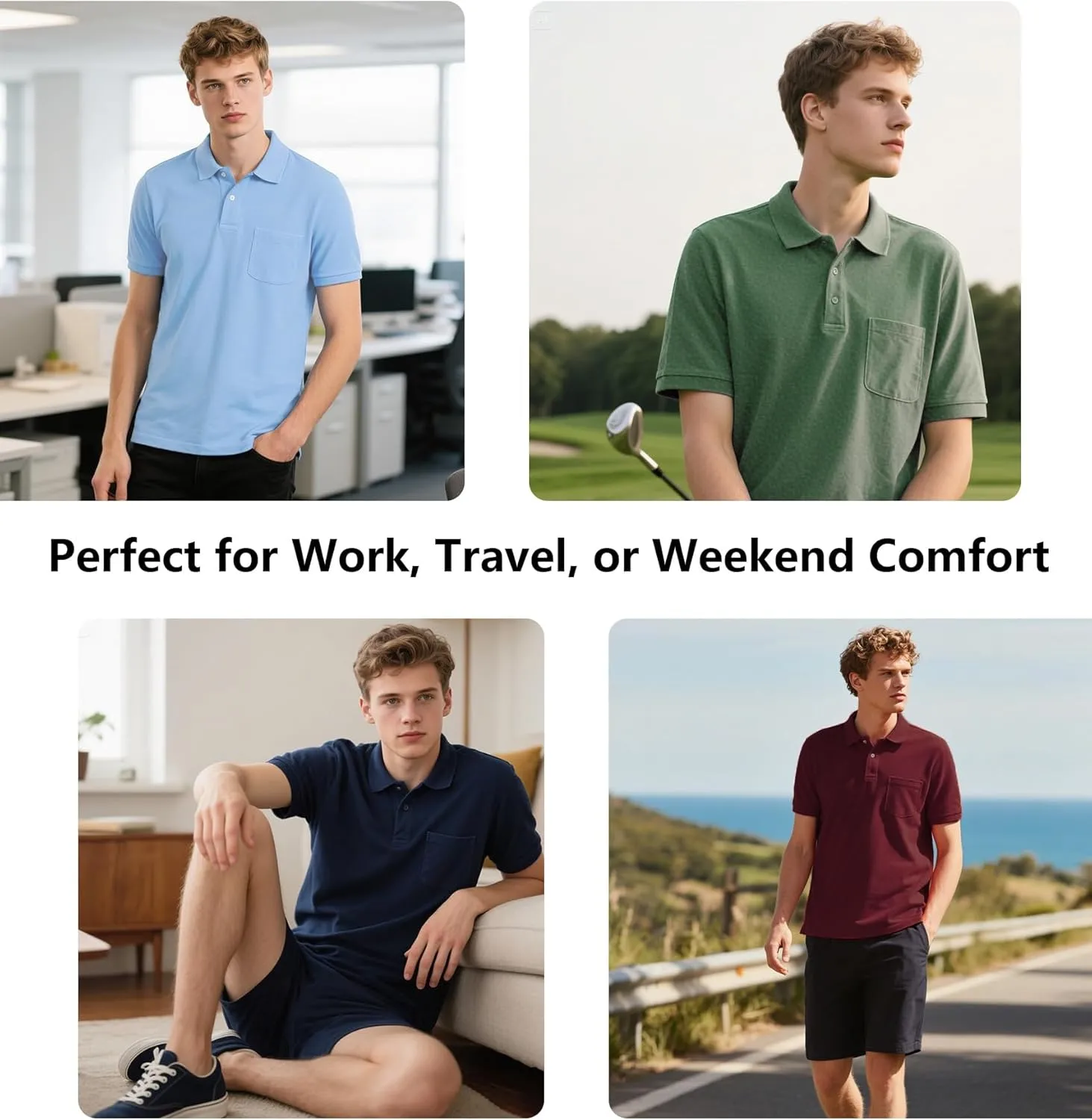 ZITY 7 Pack Mens Polo Shirts with Pocket Moisture Wicking Short Sleeve Outdoor Golf Athletic Work Multipack Shirts